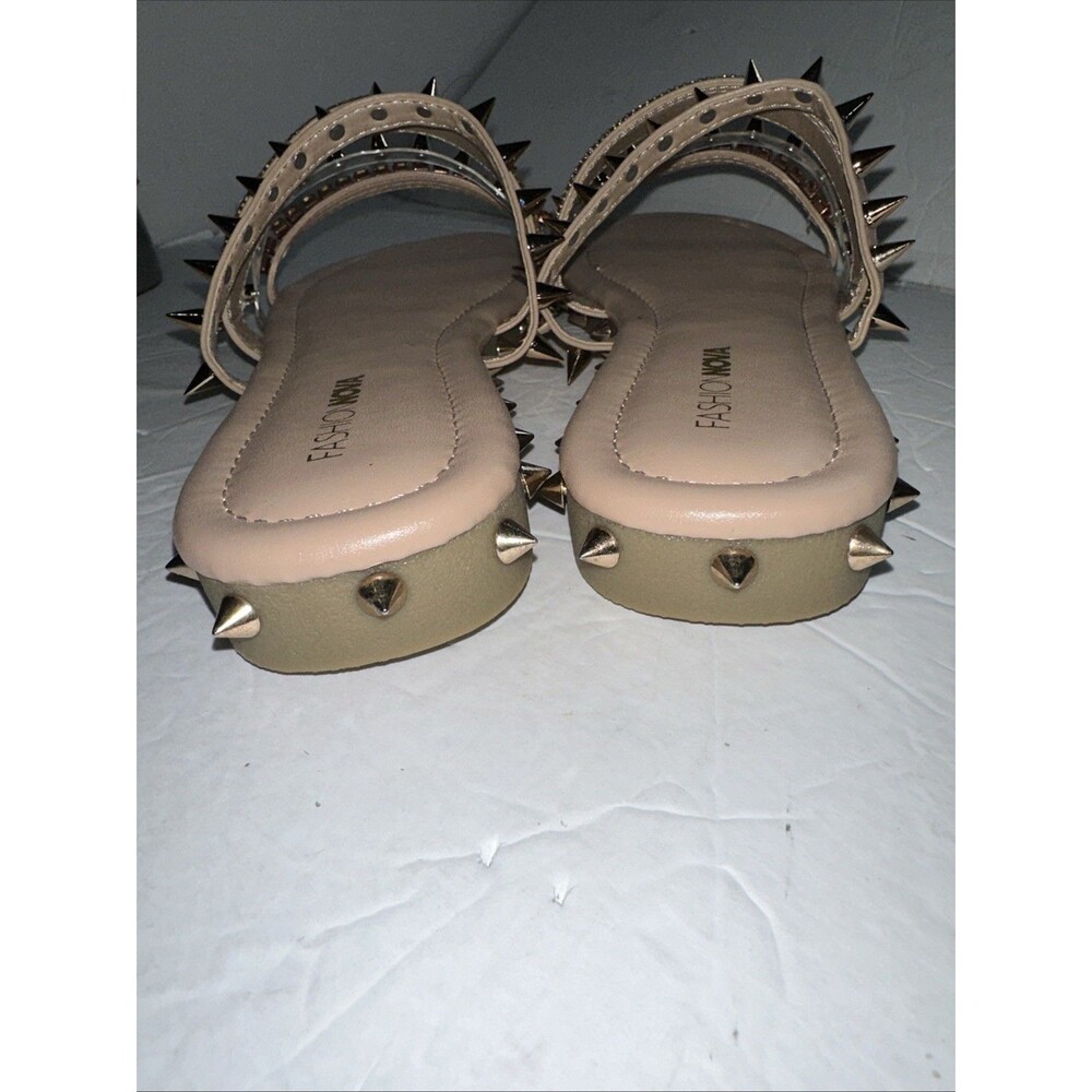 Fashion Nova Sandals 9 Flat Strap Spike Studded Rhinestones Bling Rose Gold NIB - Picture 4 of 7